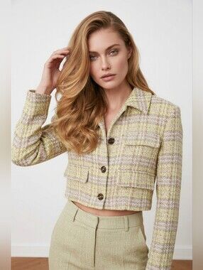 NWT Zara Cropped Tweed Jacket Beige Yellow Size Medium